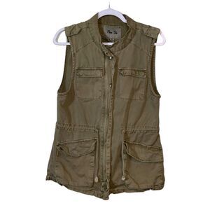 Per Se Drawstring  Military Cargo Green Zip Up Vest Jacket Medium
